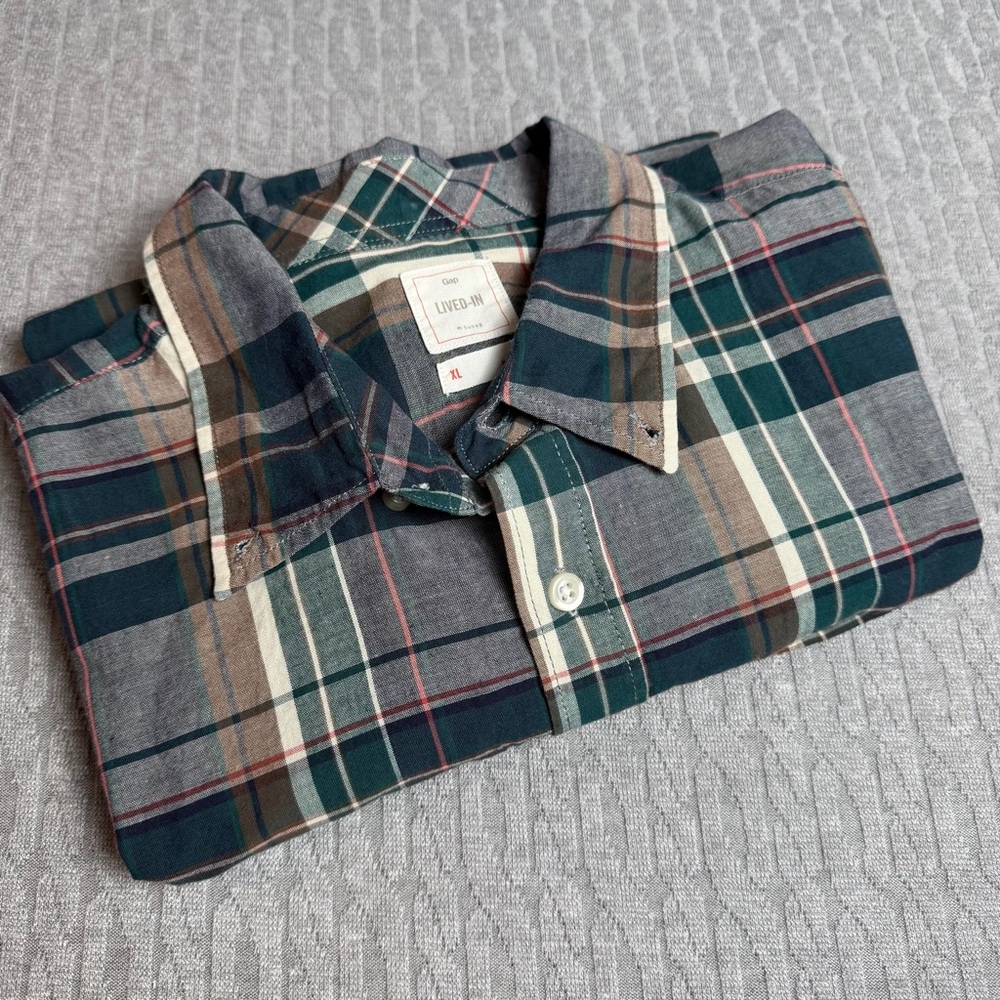 GAP Men's Lived In Plaid Shirt - Green, Gray, and Brown Short Sleeves